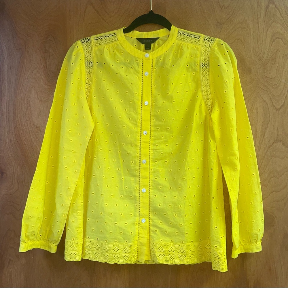J Crew Bright Yellow Eyelet Blouse Women’s size 2. Long sleeve Button Down Shirt